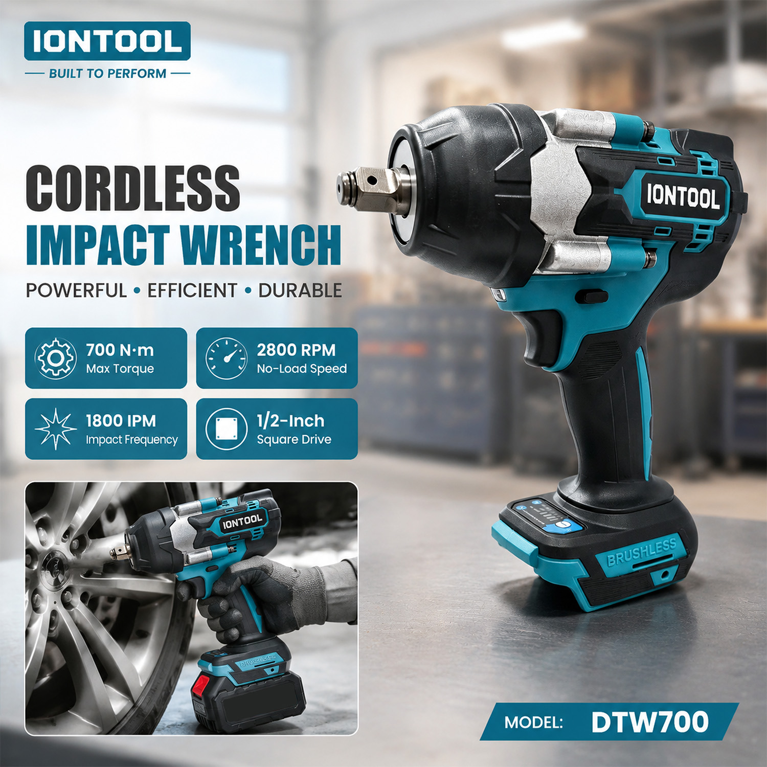 Power Tools And Engineering - IONTOOL DTW700 滑り止めコードレスインパクトレンチ 1/2インチドライブ ナット解体用 ガレージ、ワークショップ、エンジニアリング設置用電動工具
