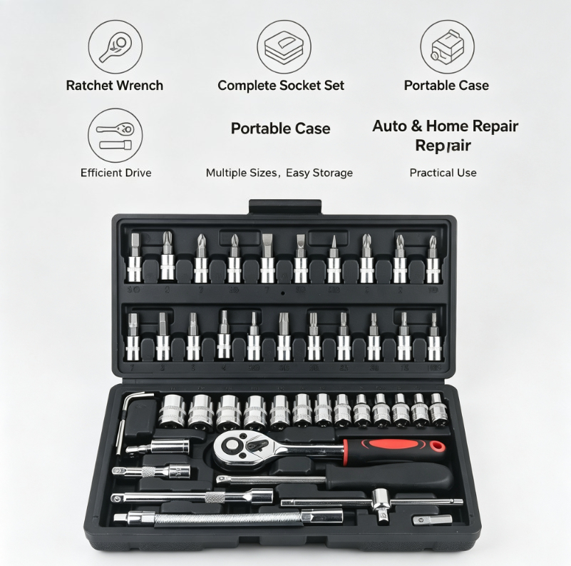 Power Tools Catalogue - 46点セット 自動車整備用ラチェットレンチツールボックス 家庭用車載ソケット修理セット 多目的ハンドツール 修理作業用